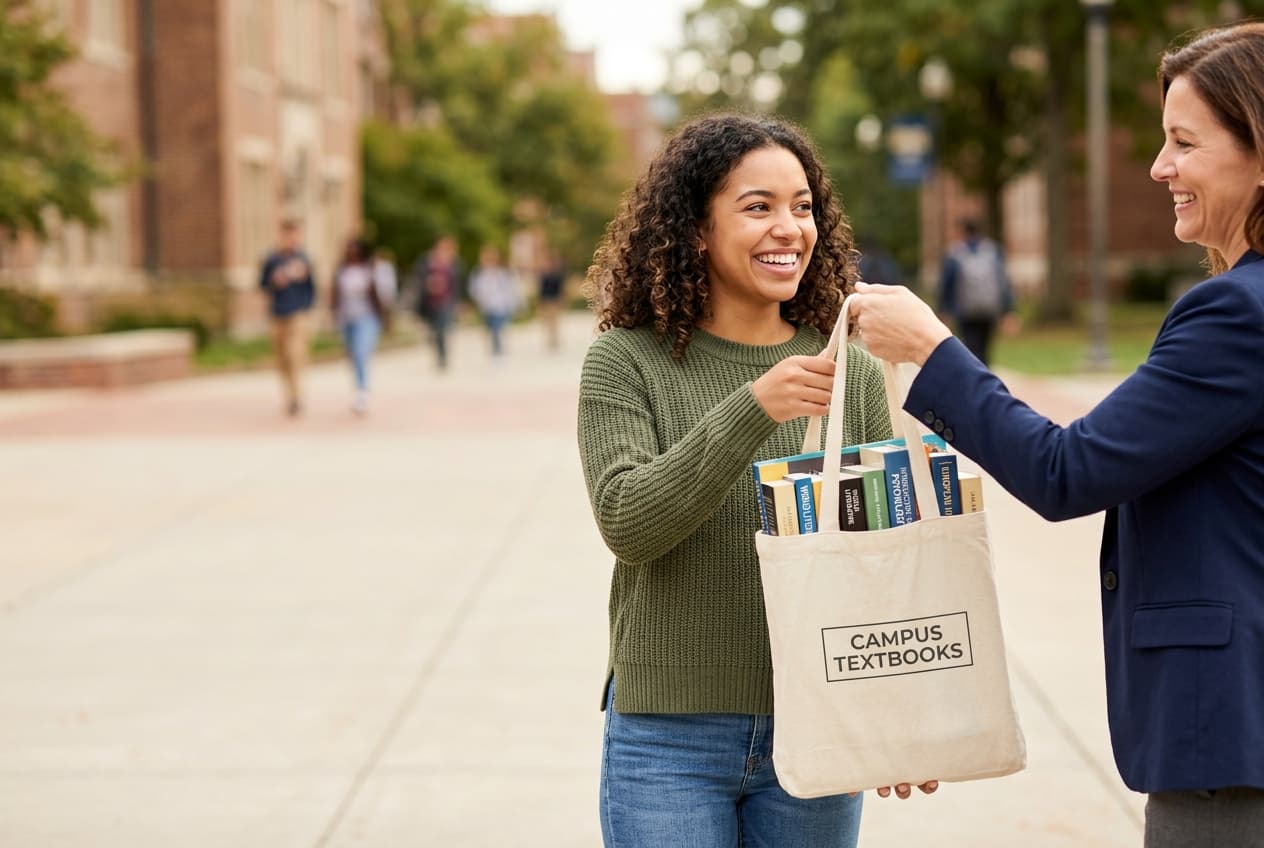 Handing a bag of books to a university student